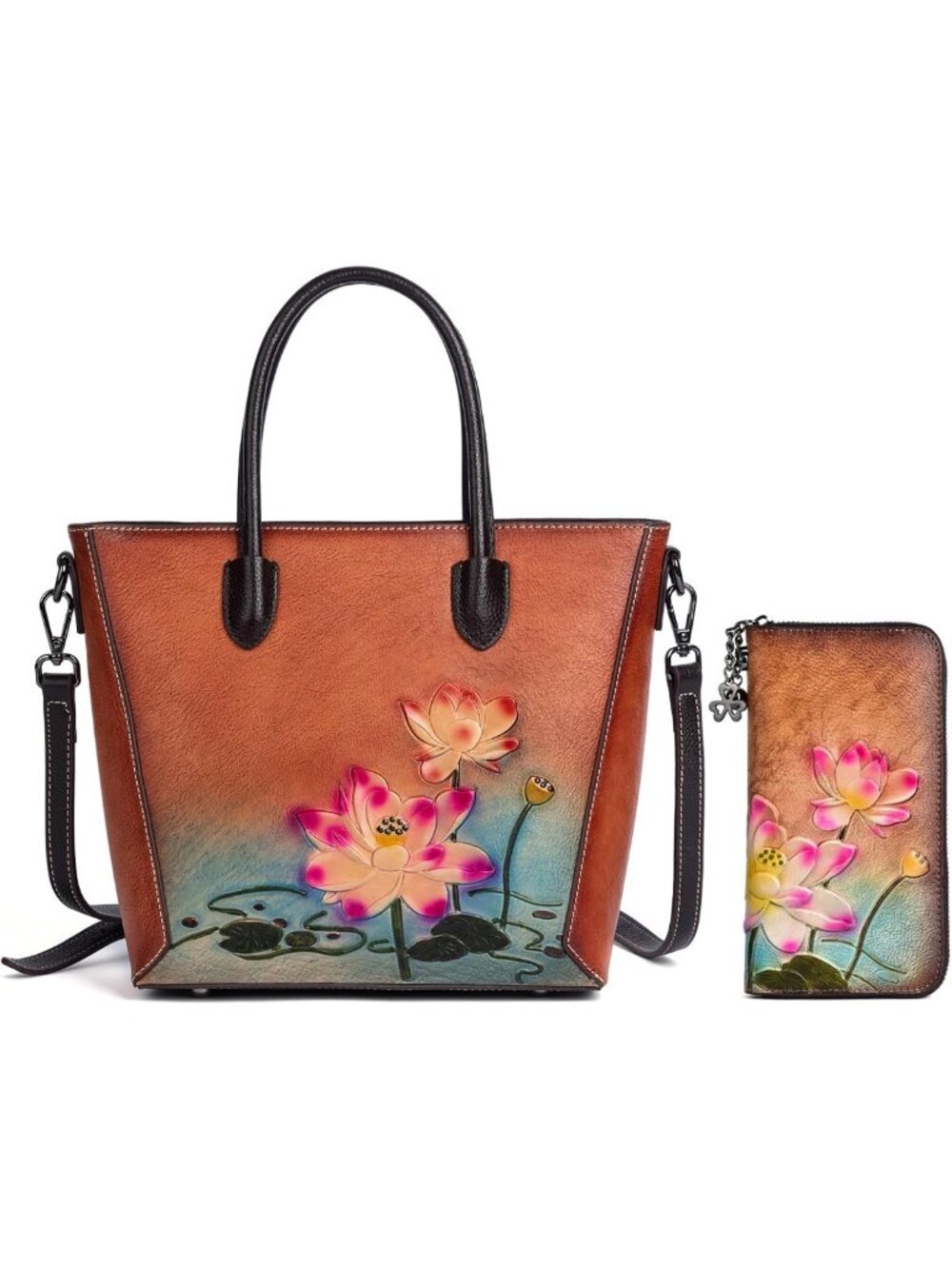 Vintage Leather Floral Satchel & RFID Wallet Set for Women - Hand-Embossed